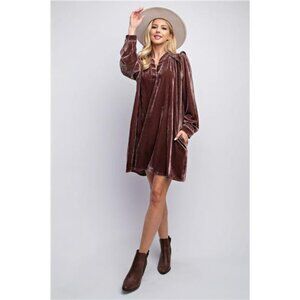 Mocha- Mini Ruffle Detailing Velvet Dress- V-Neck/ Side Pockets